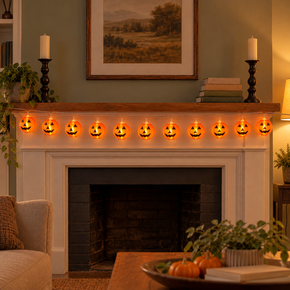 A row of lit orange jack-o'-lantern string lights hanging along a fireplace mantel in a living room in the evening