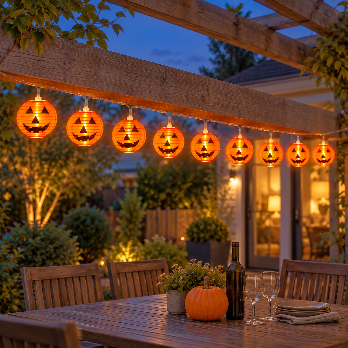 Lit orange jack-o'-lantern string lights hanging under a timber pergola beam above an outdoor dining table at dusk