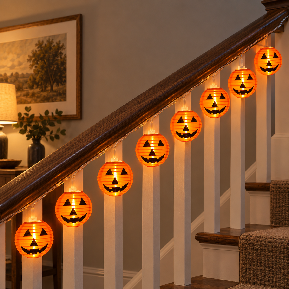 Orange jack-o'-lantern string lights hanging under a wooden stair handrail, lit in the evening