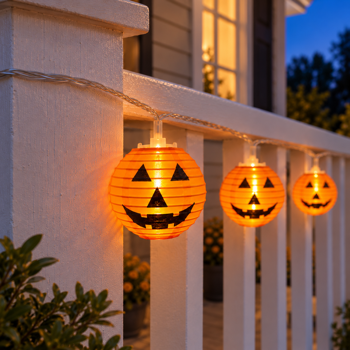 Close-up of a lit round orange lantern with a printed black jack-o'-lantern face hanging from clear wire beside a white porch post