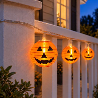 Close-up of a lit round orange lantern with a printed black jack-o'-lantern face hanging from clear wire beside a white porch post