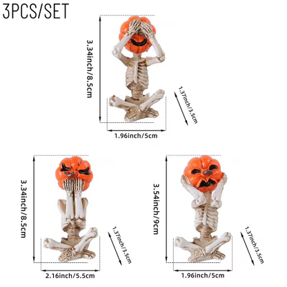 Pumpkin head skeleton figurine dimensions: 3.34 and 3.54 inches tall, about 2 inches wide and 1.37 inches deep