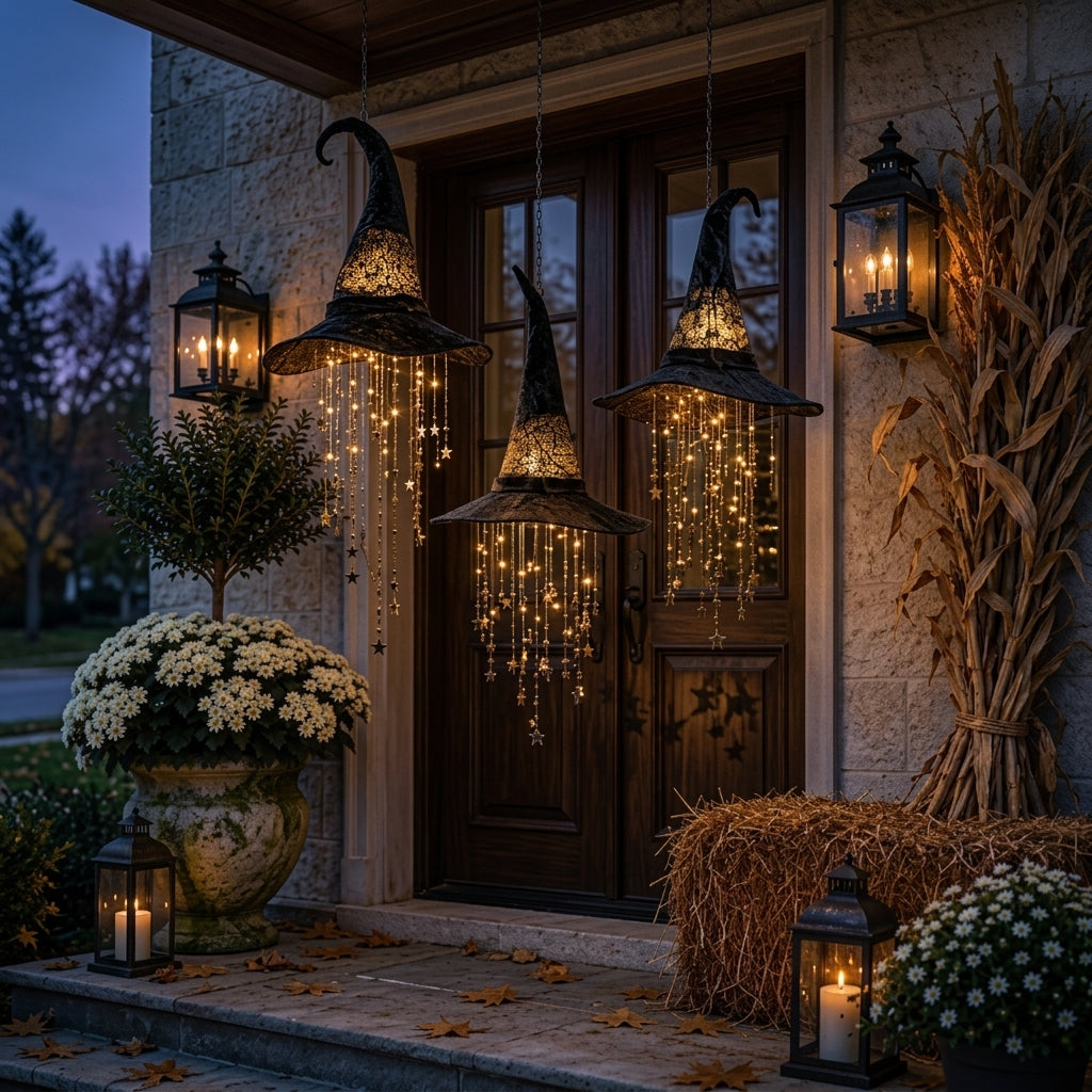 Witch hat lights with glowing star strands hanging in front of a wooden front door at dusk, with lanterns and mums