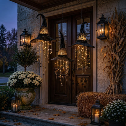Witch hat lights with glowing star strands hanging in front of a wooden front door at dusk, with lanterns and mums