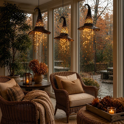 Three witch hat lights with warm LED star strands hanging in a conservatory window above wicker chairs