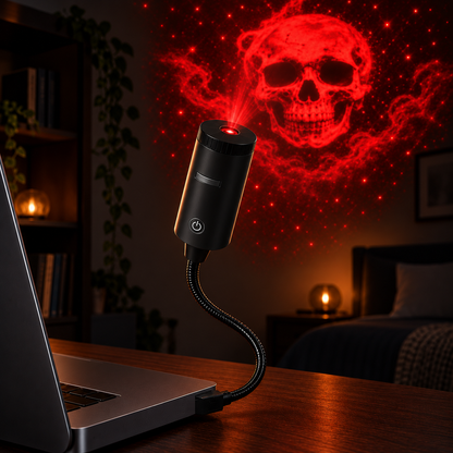 Small black USB Halloween projector on a flexible gooseneck plugged into a laptop, projecting a glowing red skull onto the wall behind it at night