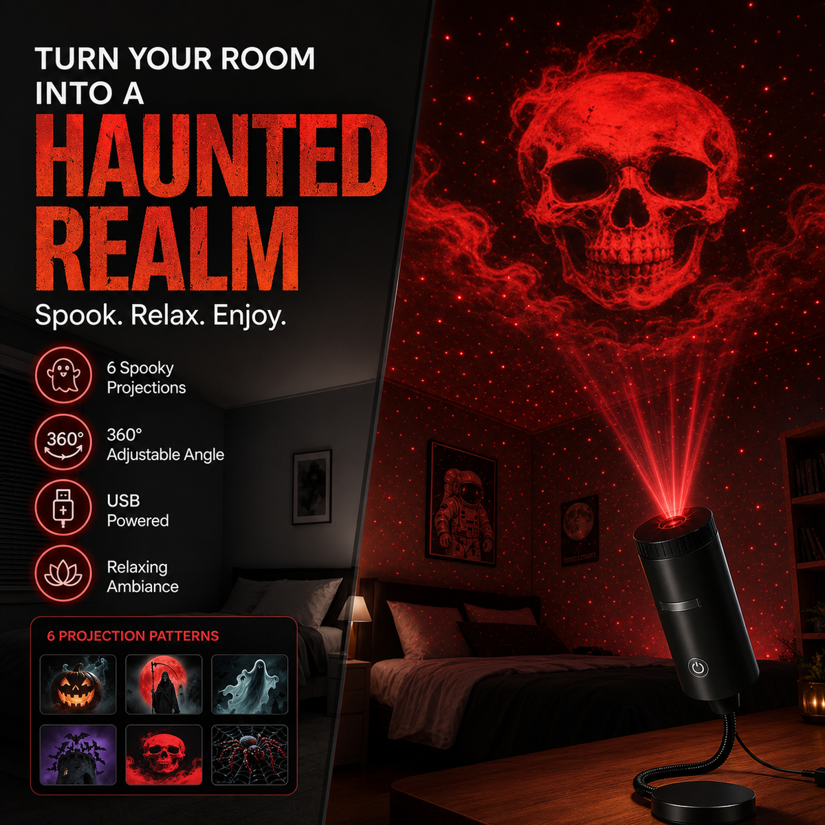 Black USB Halloween projector light on a desk throwing a red skull onto a bedroom ceiling, with the six disc scenes shown beside it