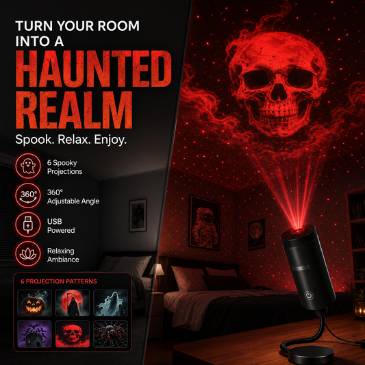 Black USB Halloween projector light on a desk throwing a red skull onto a bedroom ceiling, with the six disc scenes shown beside it