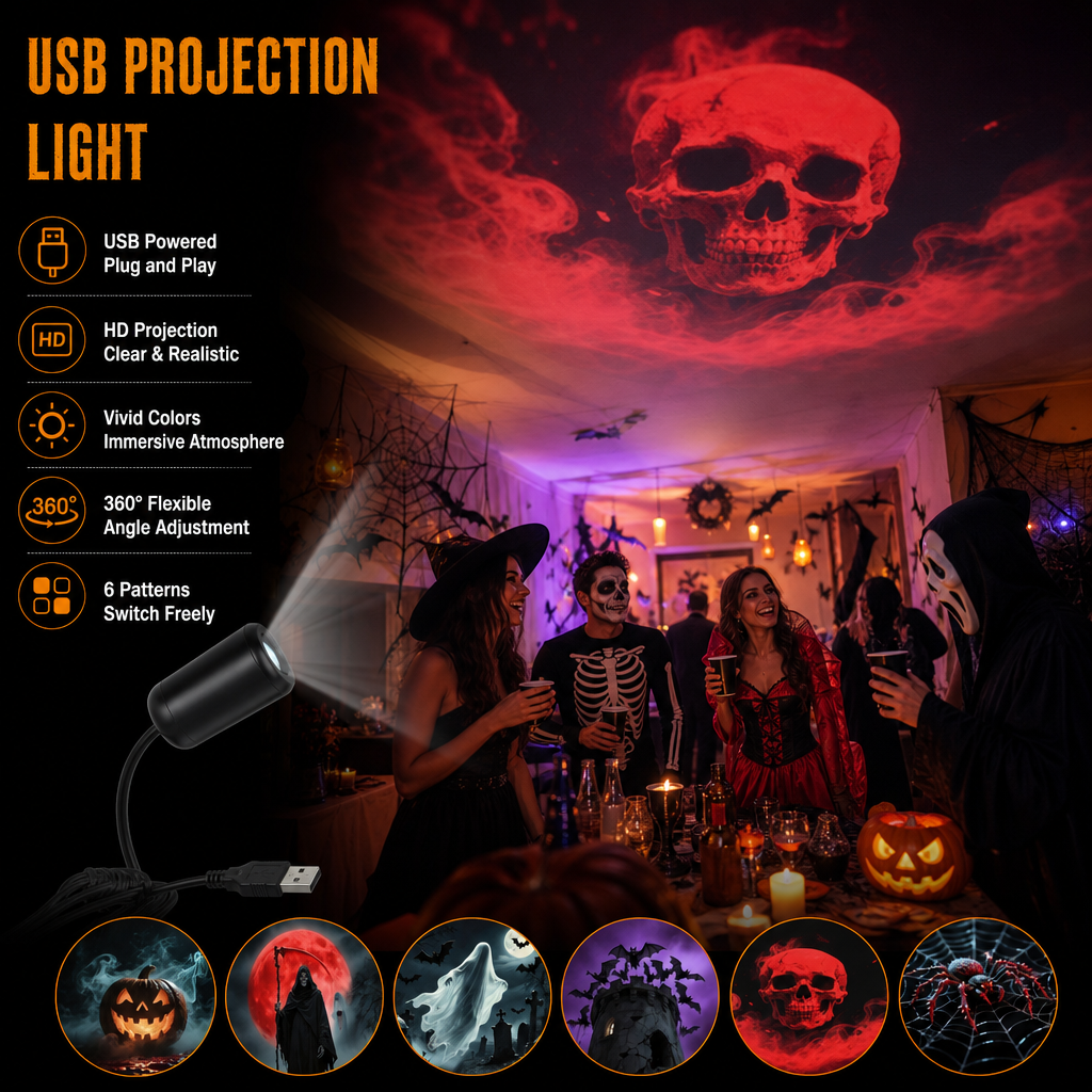 Halloween projector light on a flexible gooseneck with a USB plug, casting a red skull onto the ceiling over a costume party