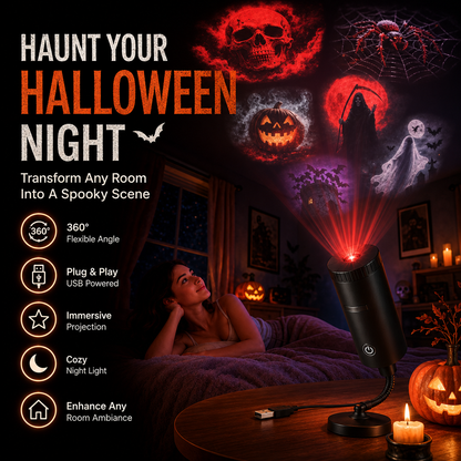 Black USB Halloween projector light on a bedside table casting a red skull, spider, pumpkin, reaper and ghost onto a bedroom ceiling, with the words Haunt Your Halloween Night