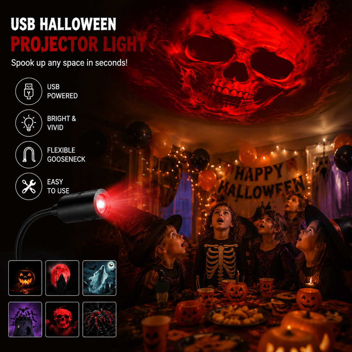 Halloween projector light on a gooseneck casting a large red skull onto the ceiling of a decorated party room