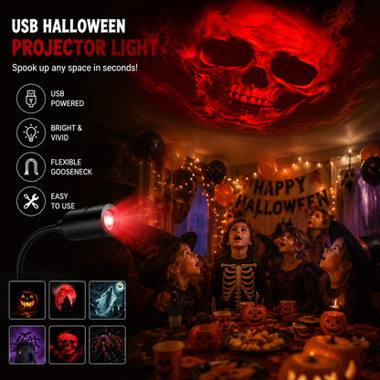 Halloween projector light on a gooseneck casting a large red skull onto the ceiling of a decorated party room