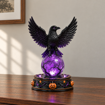 Crystal ball lamp with a black crow spreading its wings over a glowing purple orb, on a wooden sideboard
