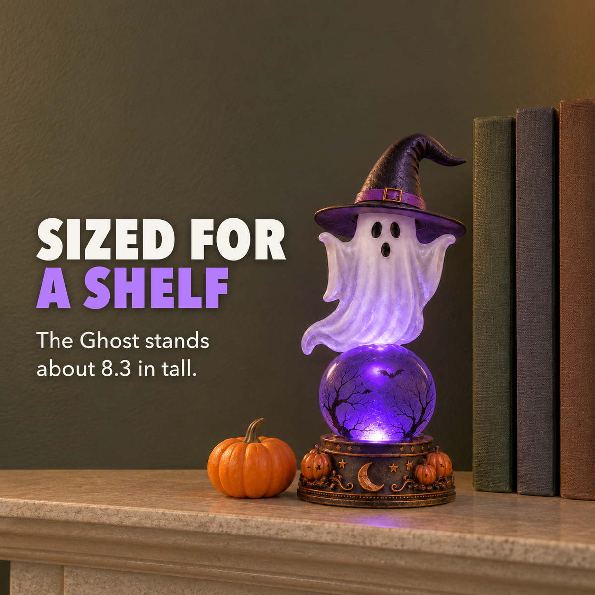 Ghost crystal ball lamp glowing purple on a mantel beside upright hardback books, with the words Sized for a shelf