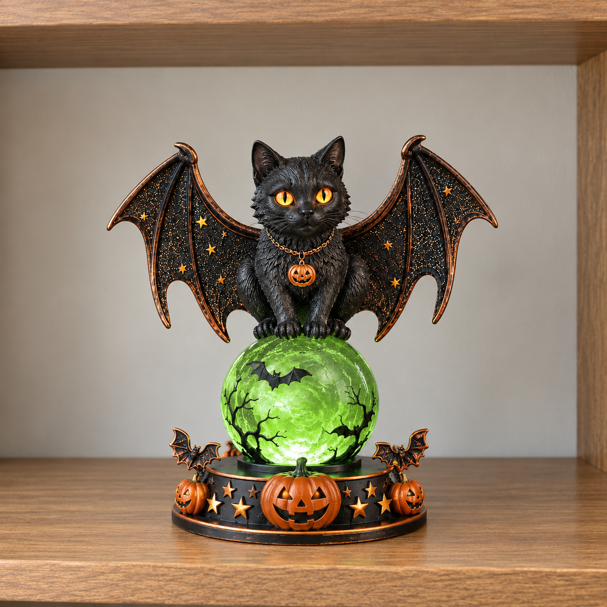 Crystal ball lamp with a black bat-winged cat on a glowing green orb, on a wooden shelf