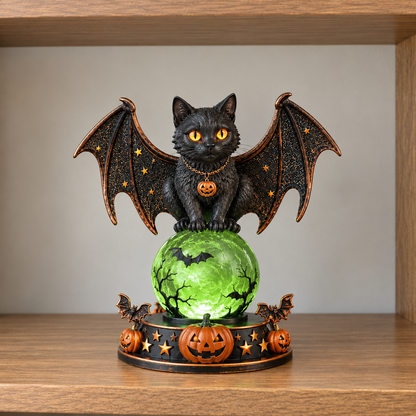 Crystal ball lamp with a black bat-winged cat on a glowing green orb, on a wooden shelf
