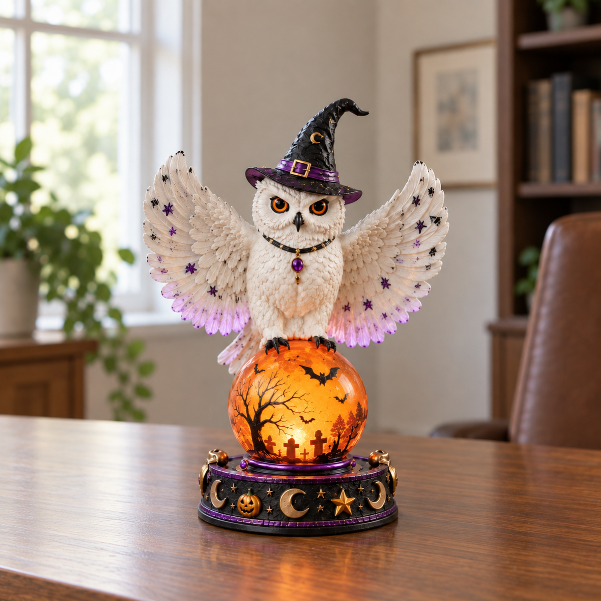 Crystal ball lamp with a white owl in a witch hat on a glowing amber orb, on an office desk