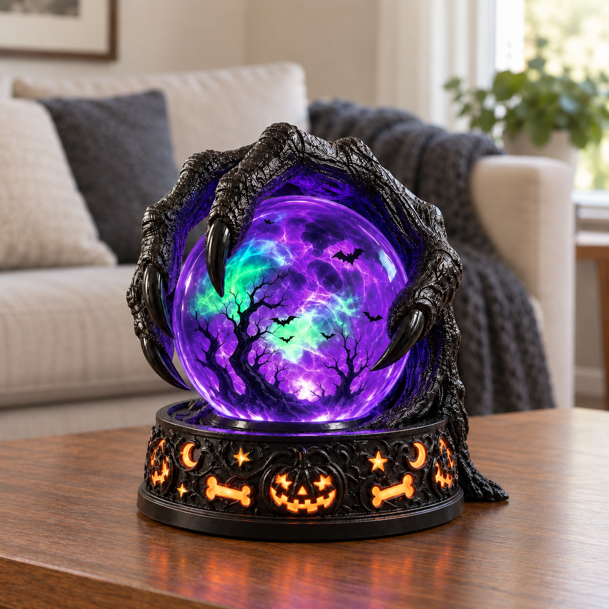 Crystal ball lamp with a black claw gripping a glowing purple orb, on a coffee table