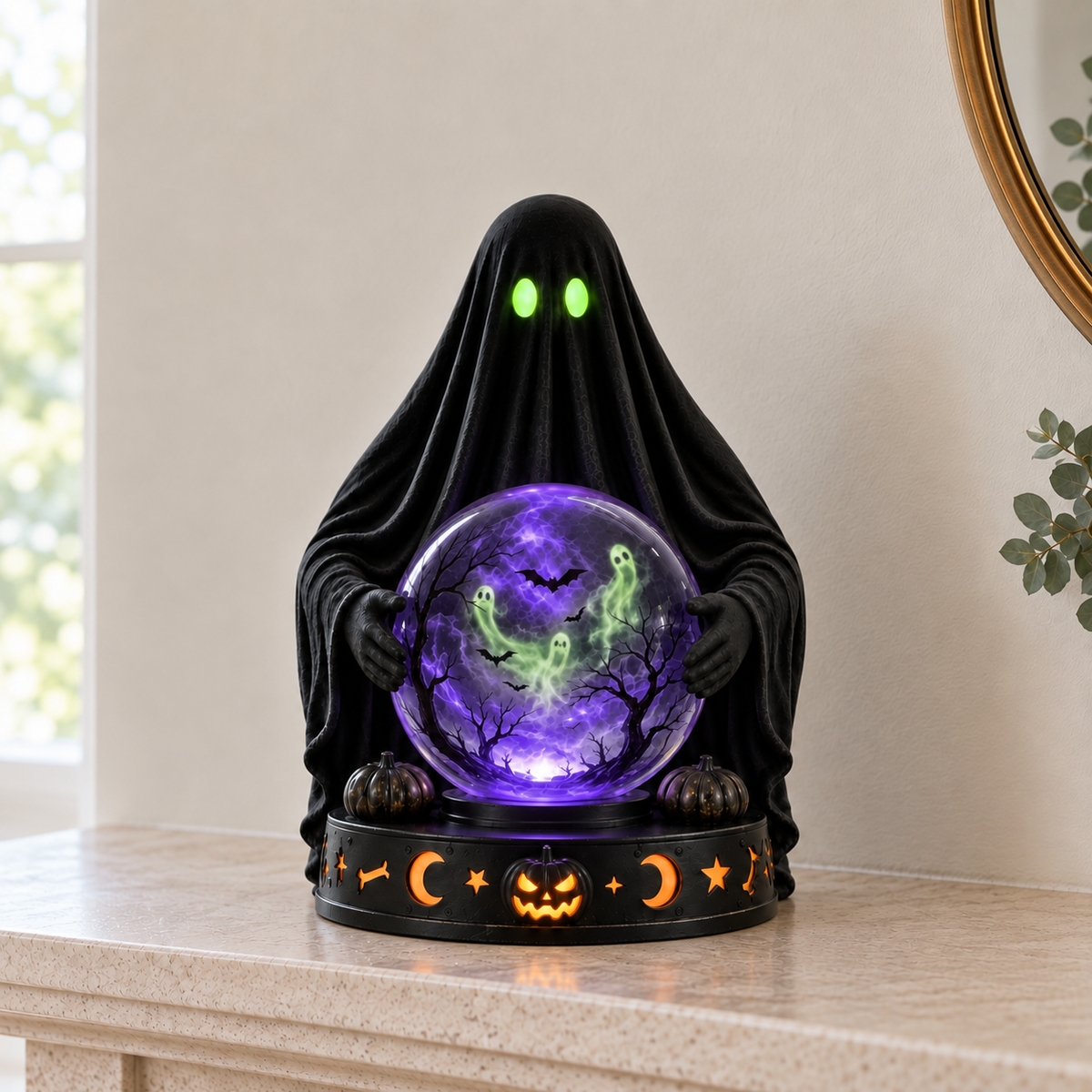Crystal ball lamp with a black hooded ghost with green eyes holding a glowing purple orb, on a mantel