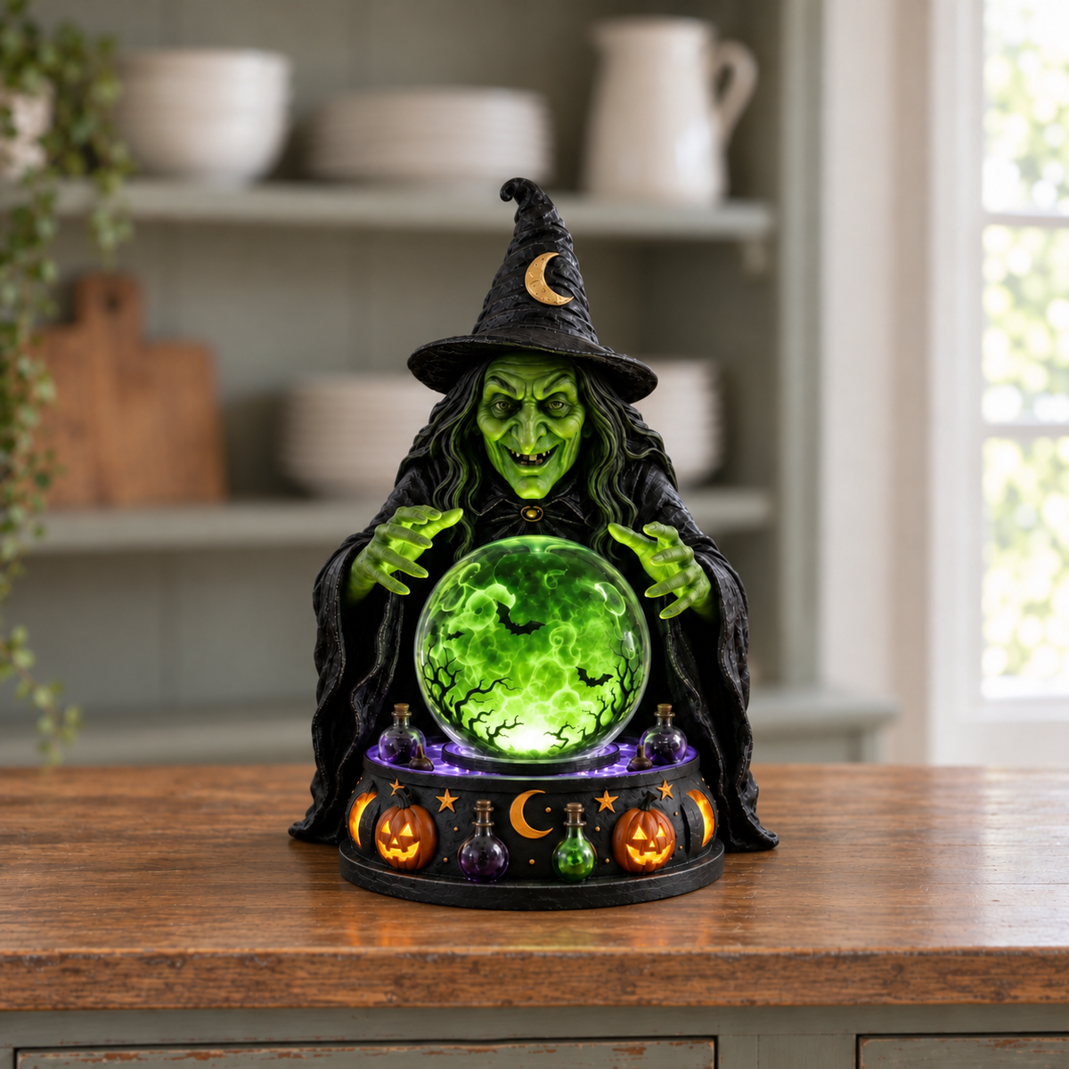 Crystal ball lamp with a green-faced witch over a glowing green orb, on a kitchen counter