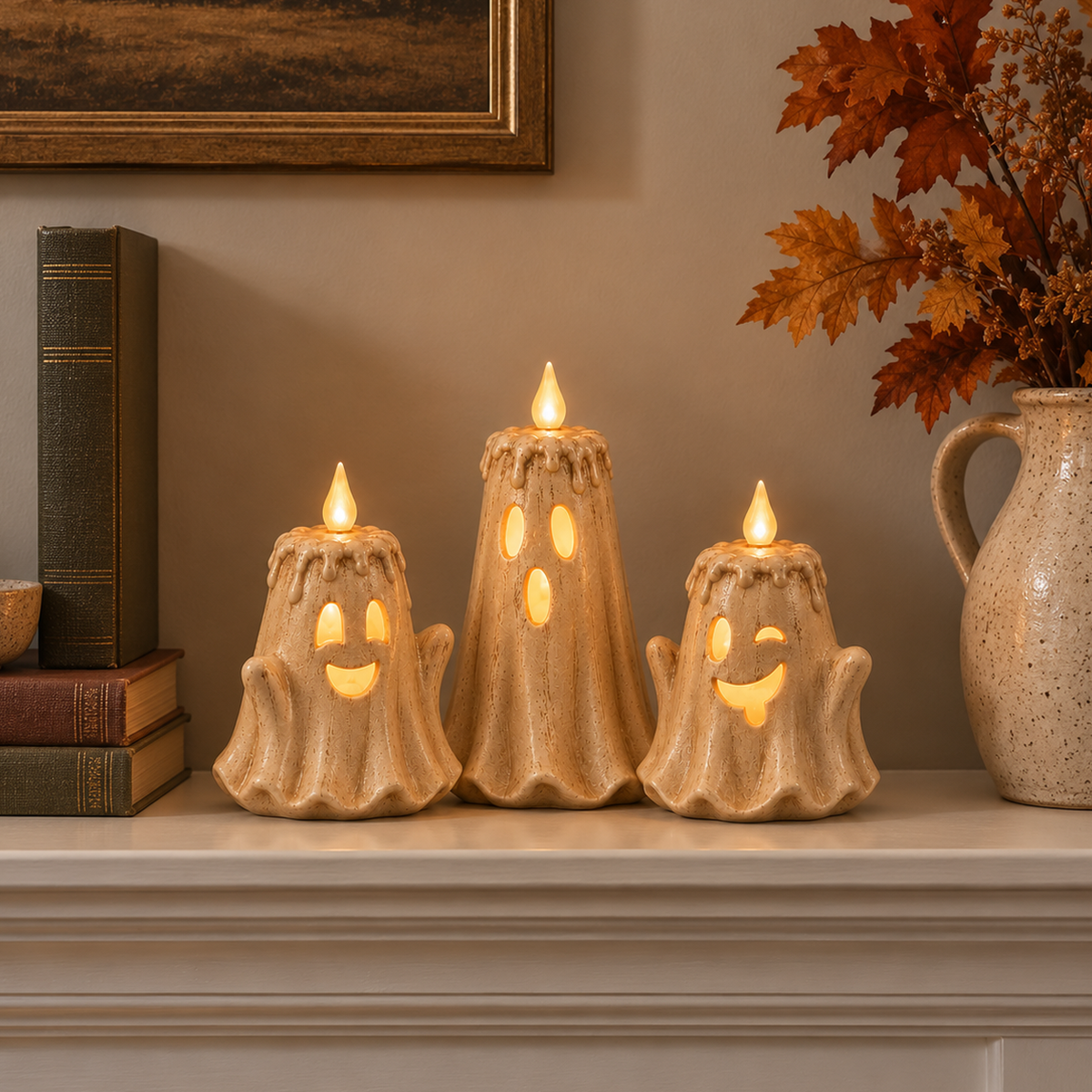 Three cream ghost flameless candles glowing on a living room mantel in the early evening