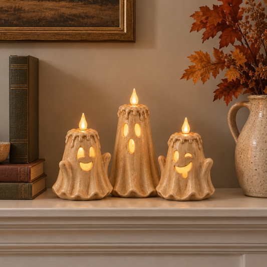 Three cream ghost flameless candles glowing on a living room mantel in the early evening