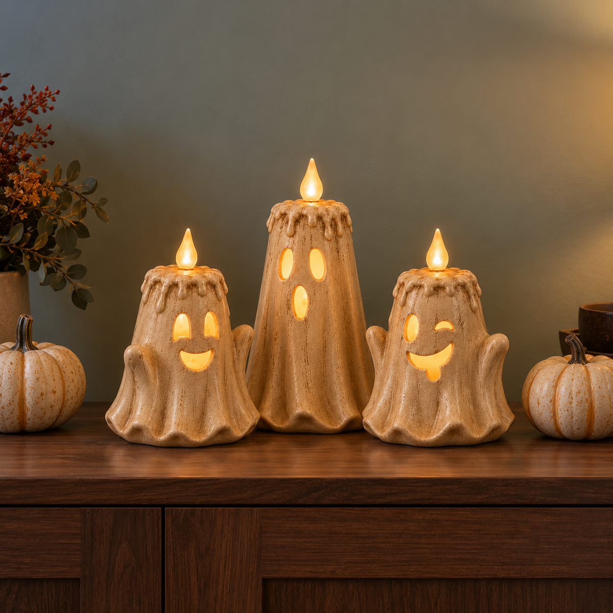 Ghost flameless candles set of three glowing on a walnut sideboard at dusk