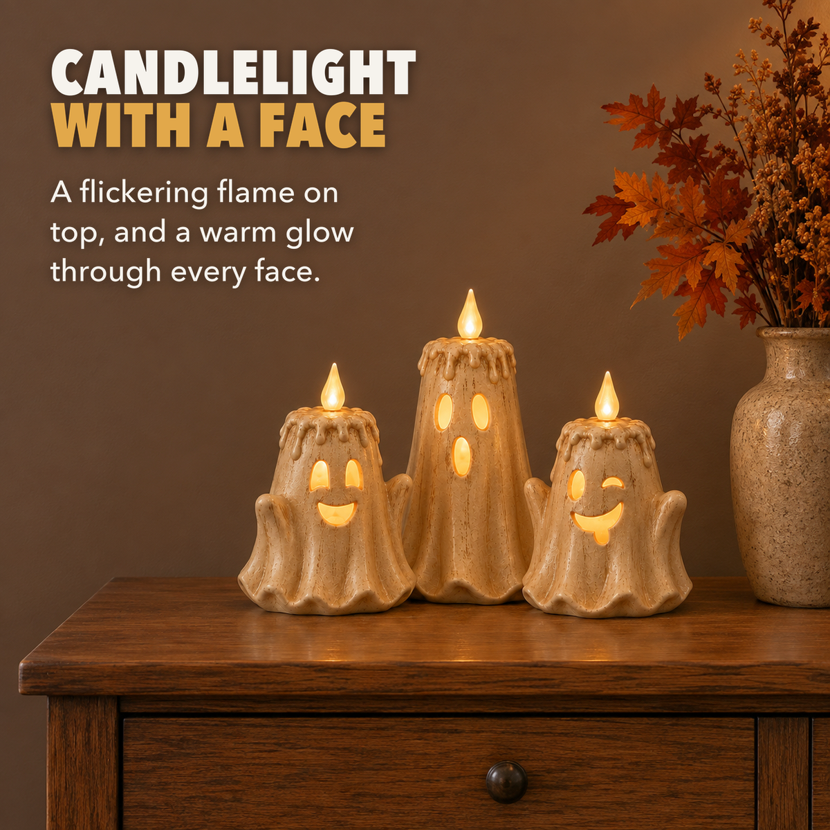 Three ghost LED candles glowing on an entry hall console, with the words Candlelight with a face