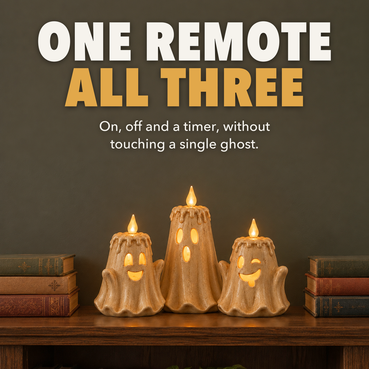 Ghost LED candles glowing on a high bookshelf, with the words One remote, all three