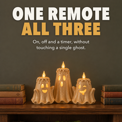 Ghost LED candles glowing on a high bookshelf, with the words One remote, all three