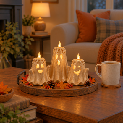 Three ghost flameless candles on a wooden tray on a coffee table beside a coffee mug in the evening