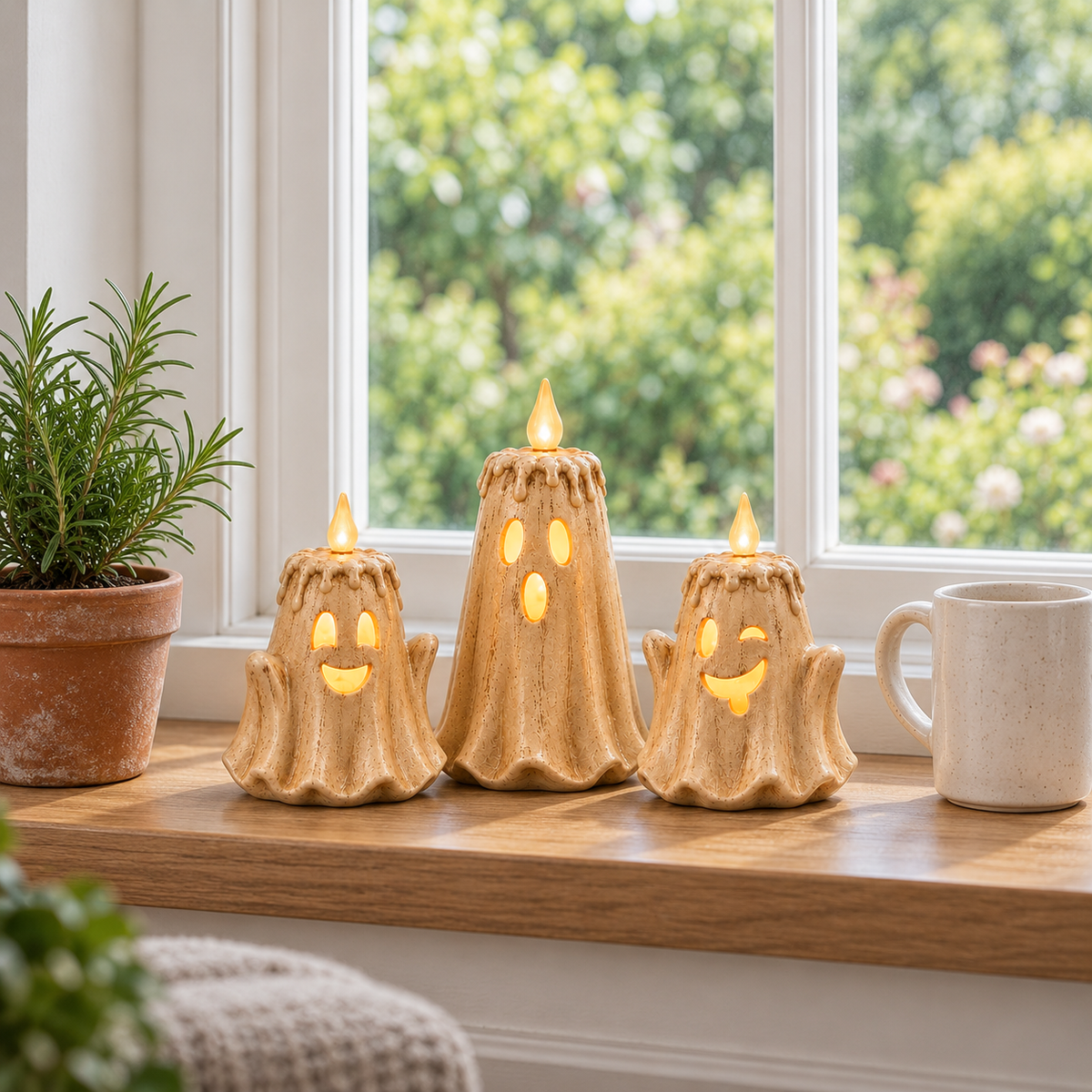 Cream ghost candles with brown speckled glaze on a sunny window sill in the morning
