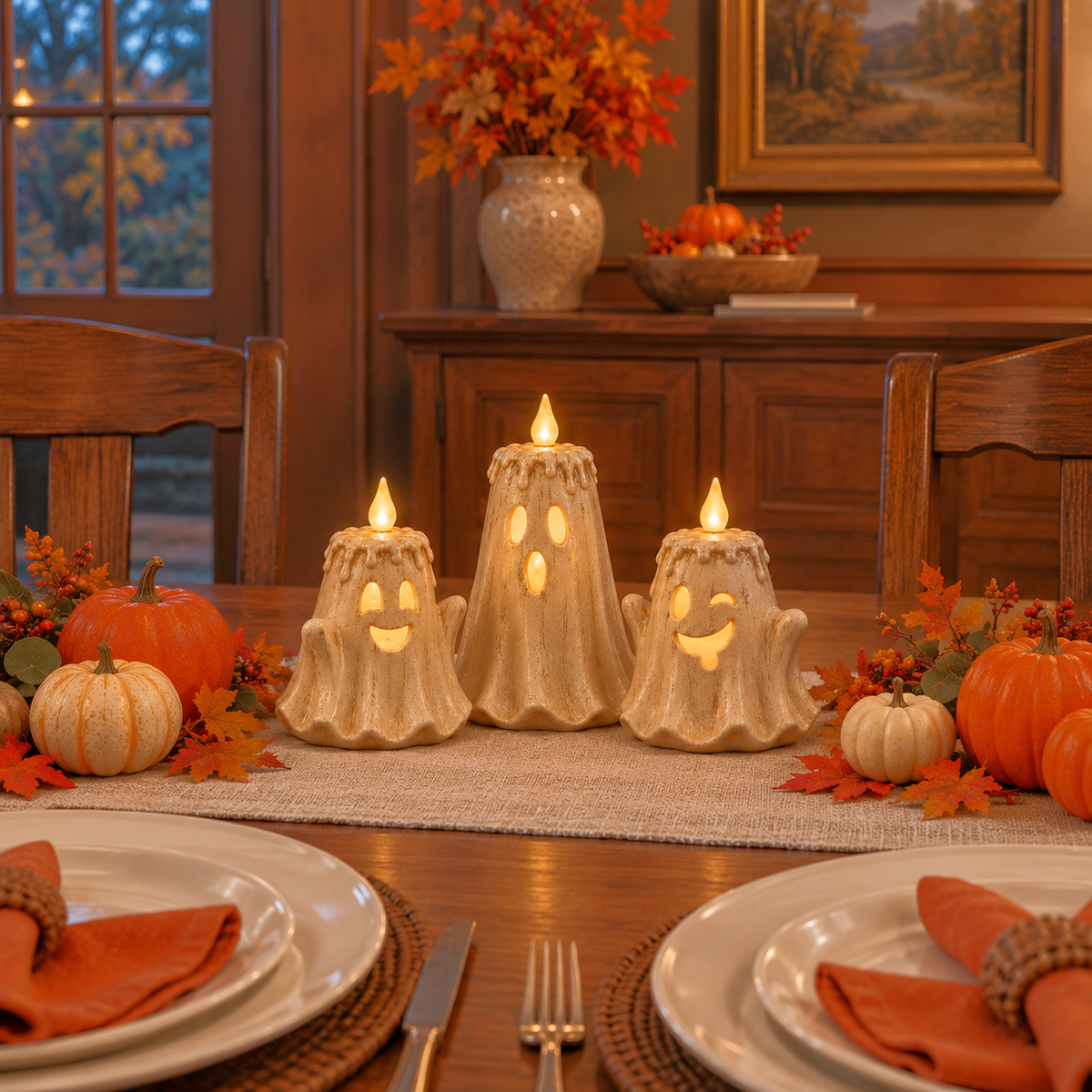 Ghost flameless candles glowing as a Halloween dinner table centrepiece with small pumpkins