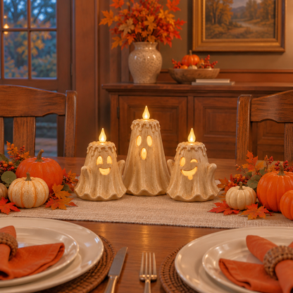 Ghost flameless candles glowing as a Halloween dinner table centrepiece with small pumpkins