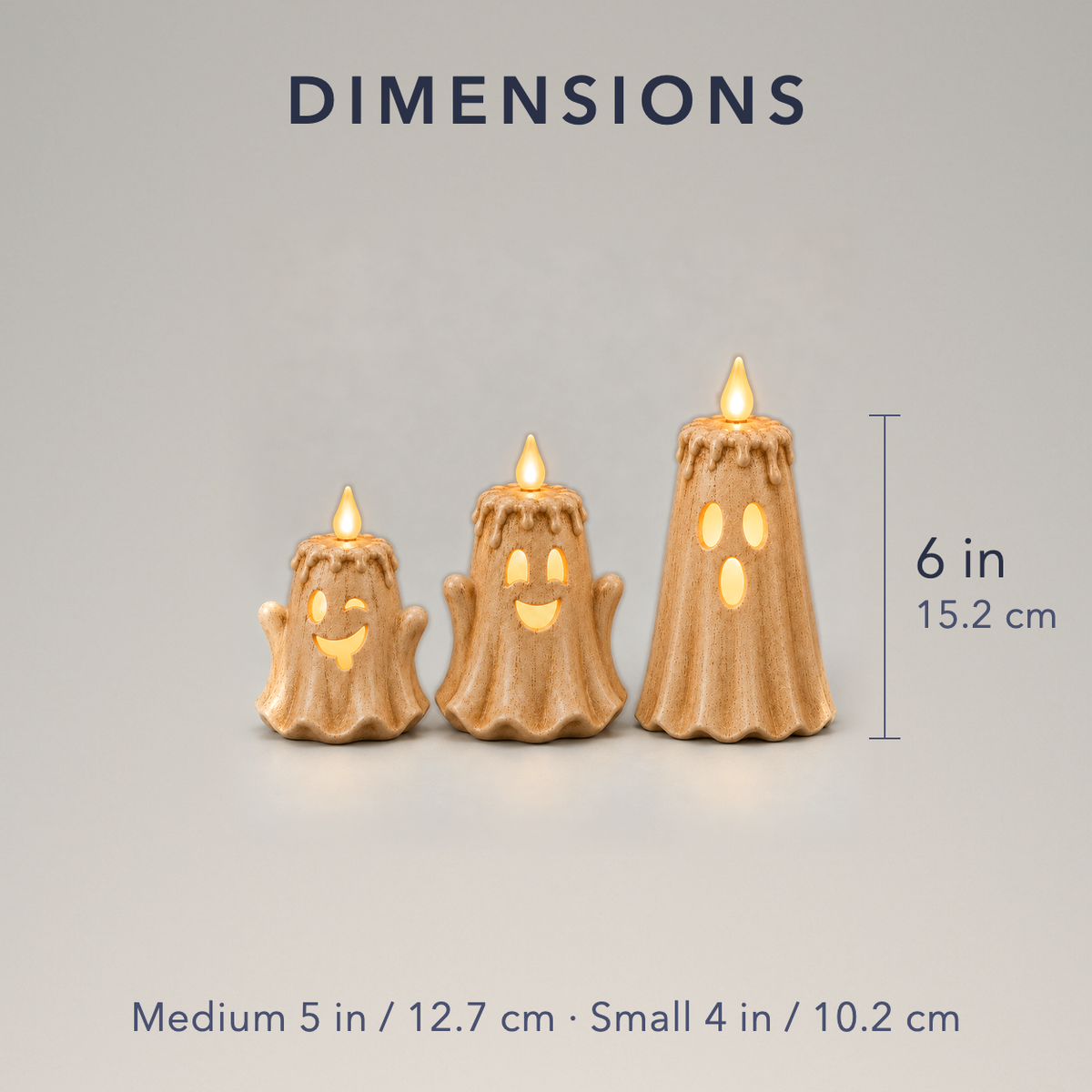 Ghost candle set dimensions: large 6 in tall, medium 5 in, small 4 in