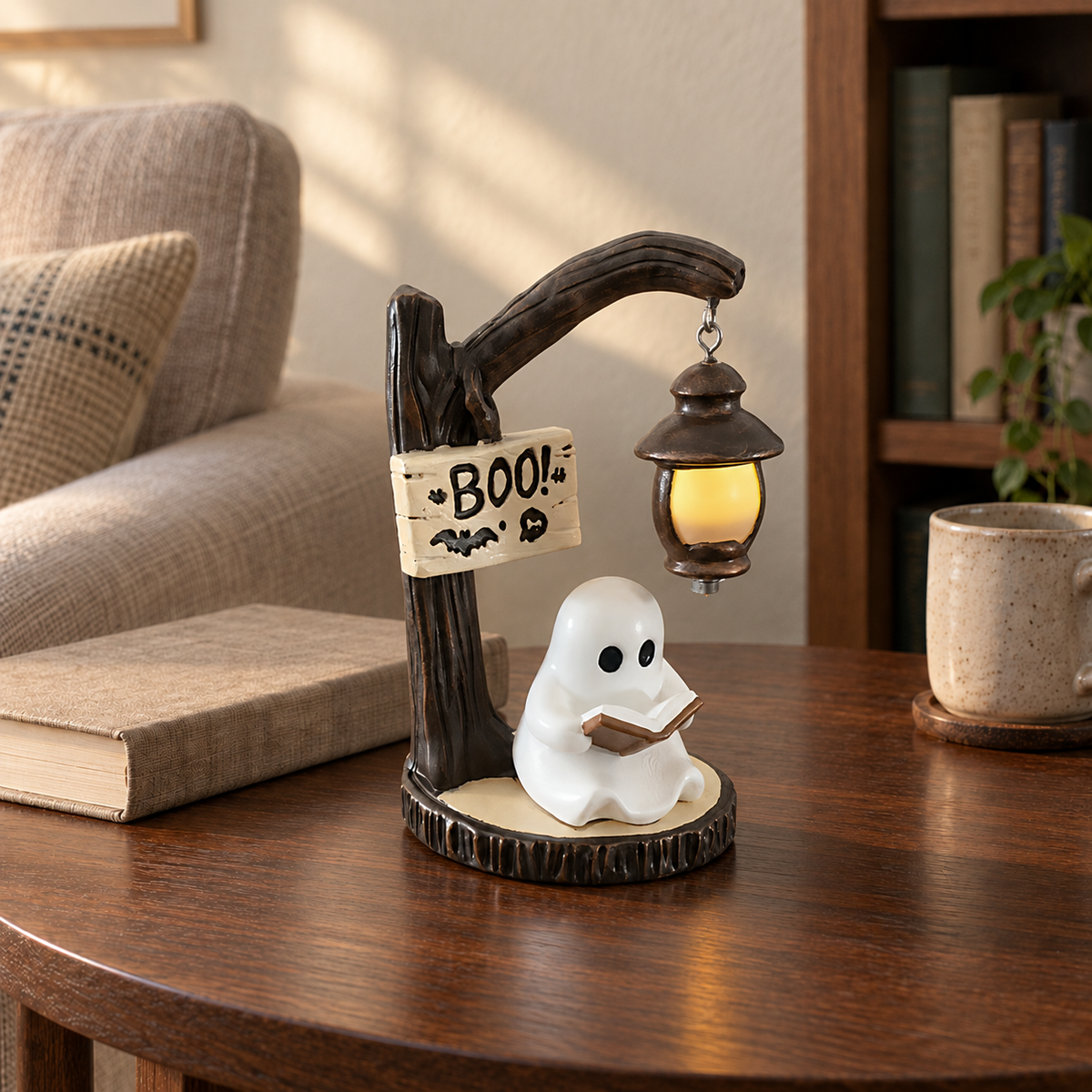 Small white ghost reading a book beneath a glowing lantern on a bark-textured base, on a walnut side table in afternoon light