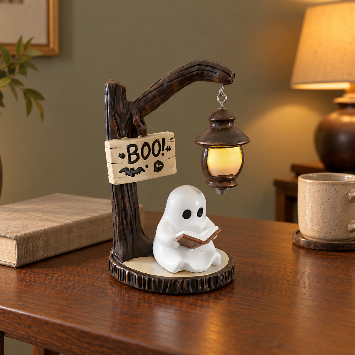 White reading ghost under a lit lantern with a cream Boo sign on the trunk, standing on a walnut console in the early evening