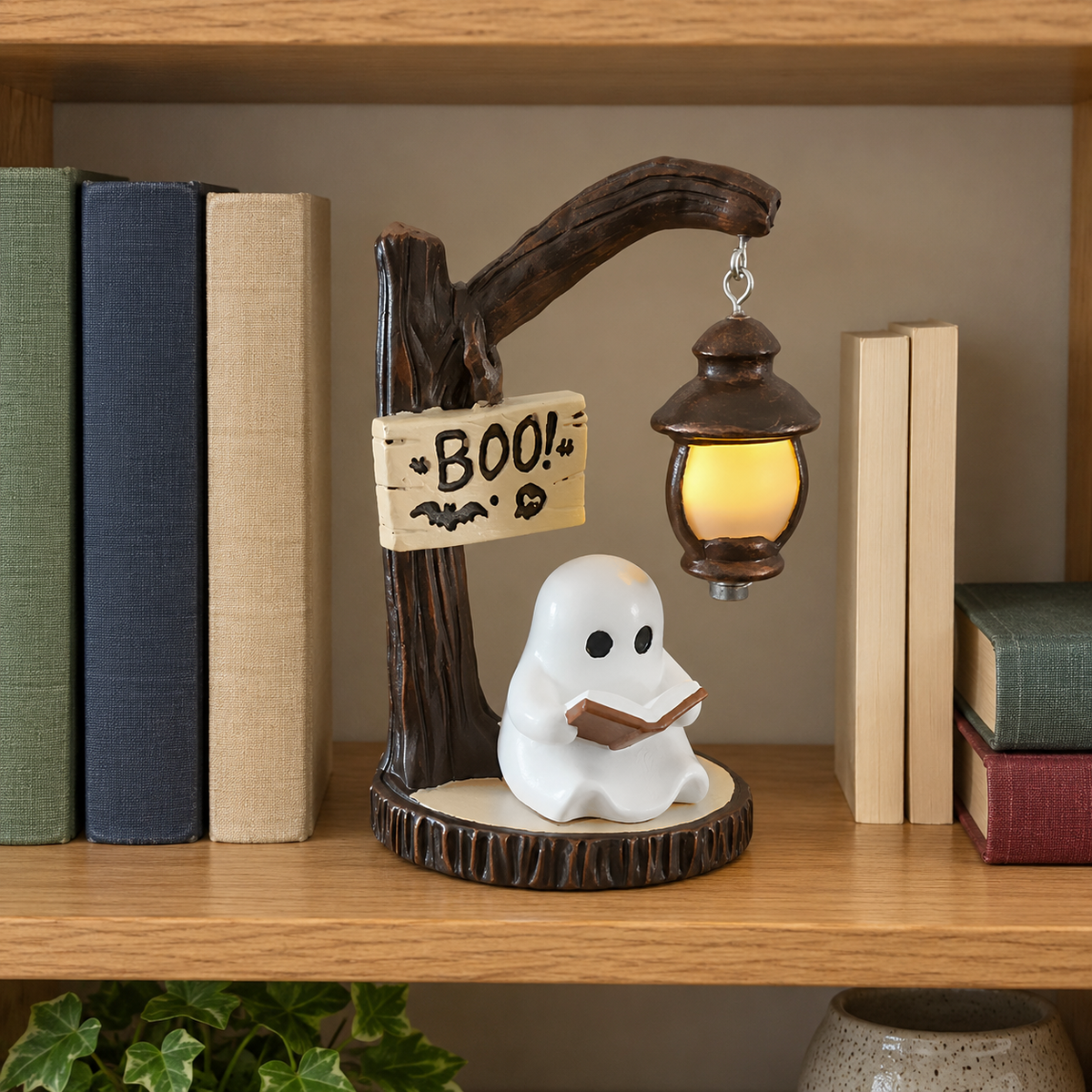 White ghost reading by a small lit lantern on a bookshelf between rows of hardbacks and paperbacks