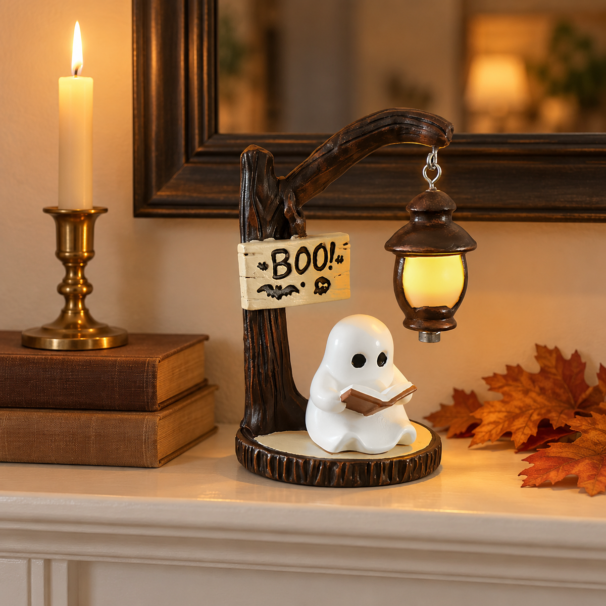 Reading ghost lantern light on a fireplace mantel at dusk beside a brass candlestick and autumn leaves
