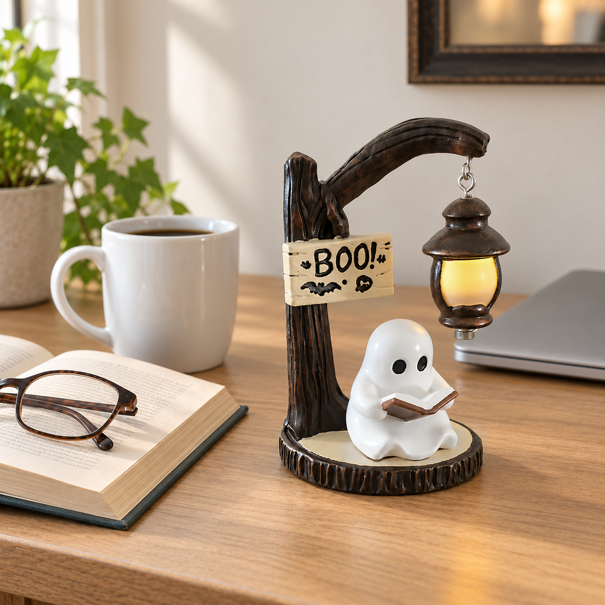 Small reading ghost with a lit lantern on a light oak desk beside a coffee mug and an open book with reading glasses