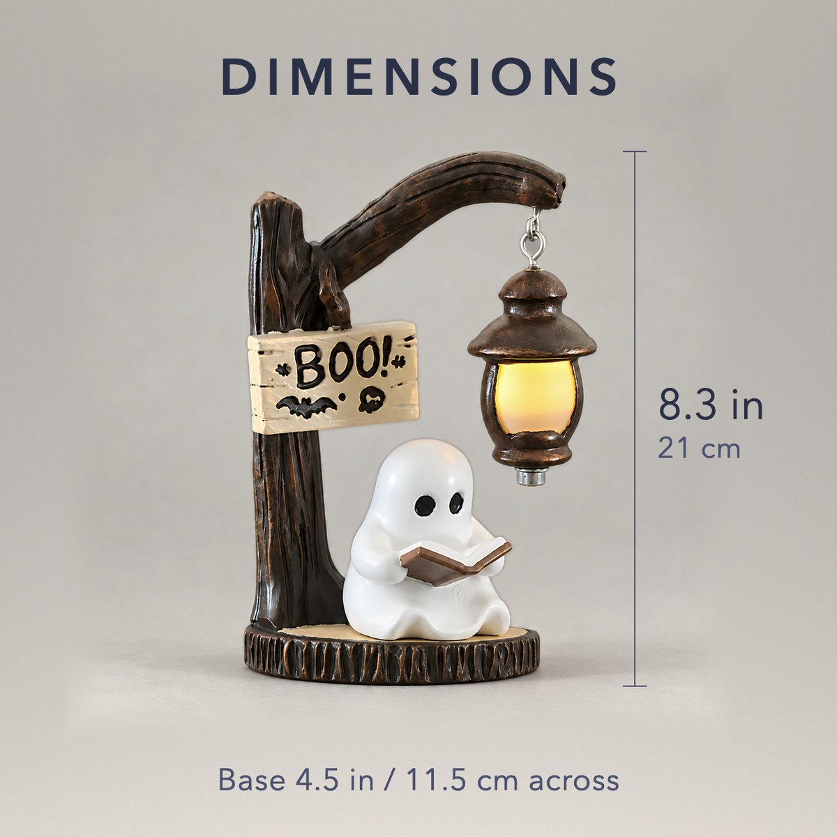 Reading ghost lantern light dimensions, about 8.3 in tall with a base about 4.5 in across