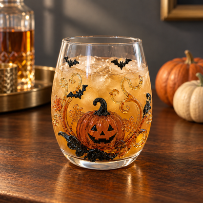 A clear stemless Halloween glass with a raised orange jack-o'-lantern design, filled with an iced amber cocktail on a walnut bar counter