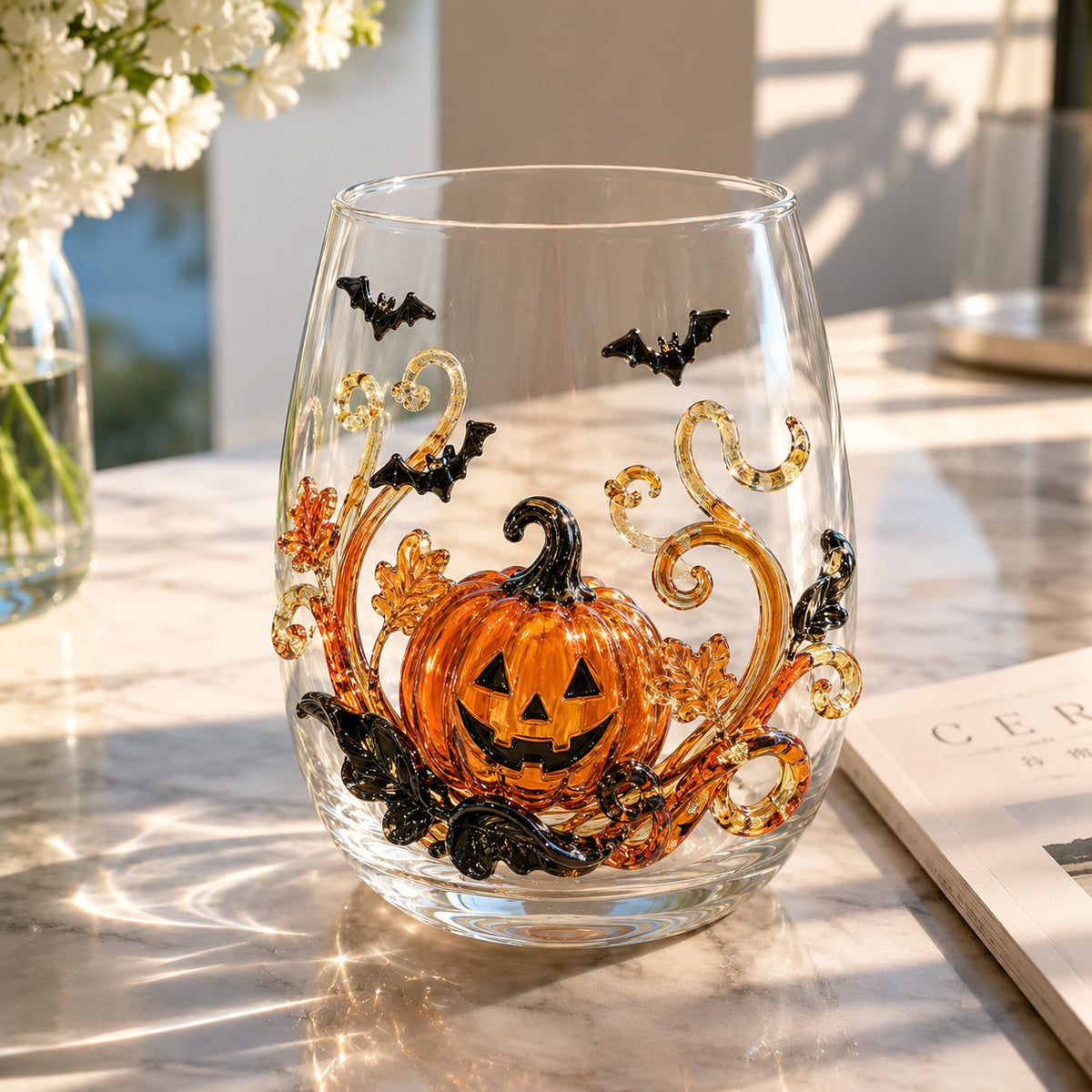 A clear stemless glass with a raised orange jack-o'-lantern, amber vines and black bats