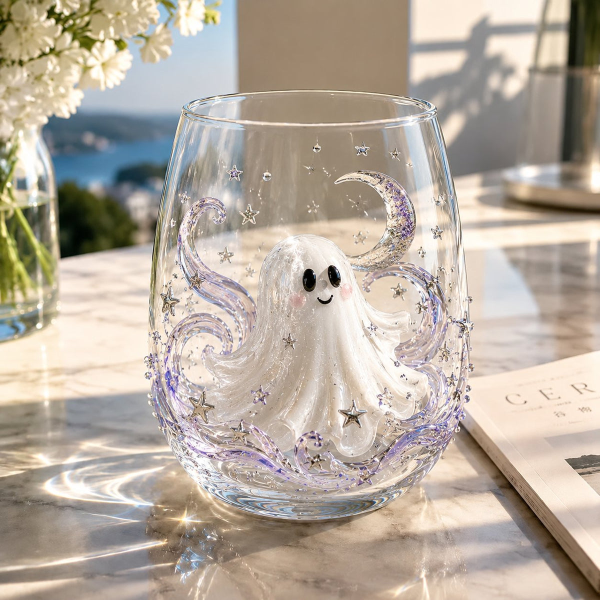 A clear stemless glass with a raised white ghost, lavender swirls, silver stars and a crescent moon