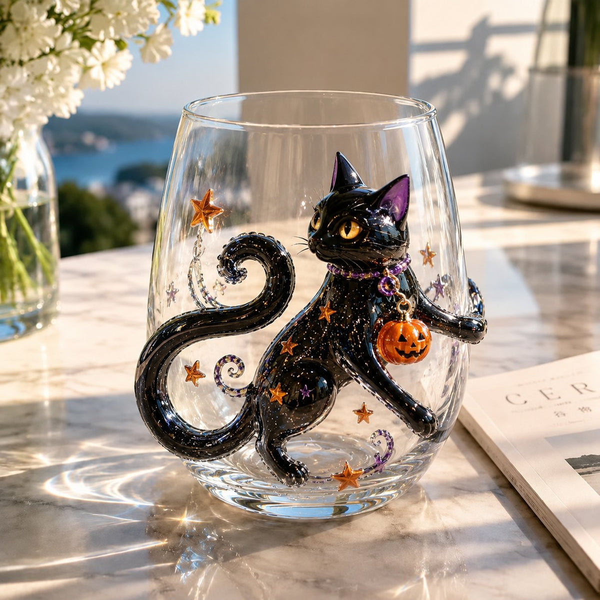 A clear stemless glass with a raised glossy black cat wearing a collar with a small jack-o'-lantern charm