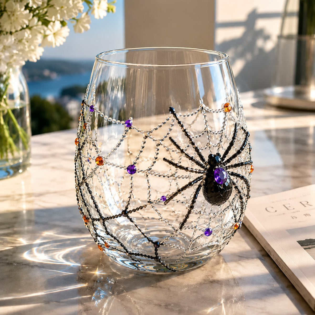 A clear stemless glass with a raised beaded spider web and a black spider with a purple stone
