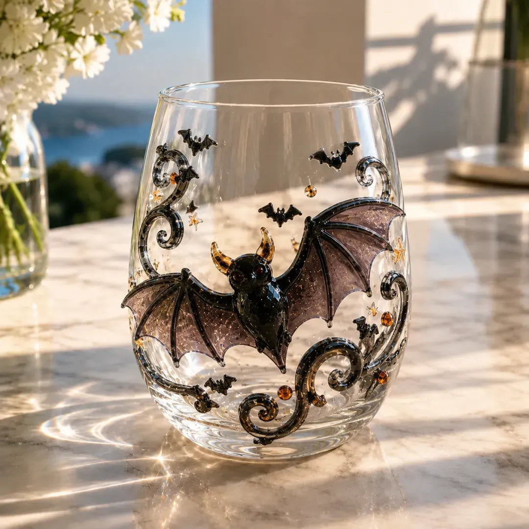 A clear stemless glass with a raised bat with smoky translucent wings, black swirls and small bats