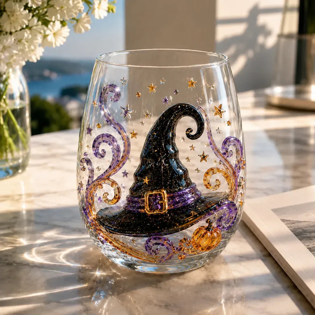 A clear stemless glass with a raised black witch hat with a purple band and gold buckle, purple and amber swirls