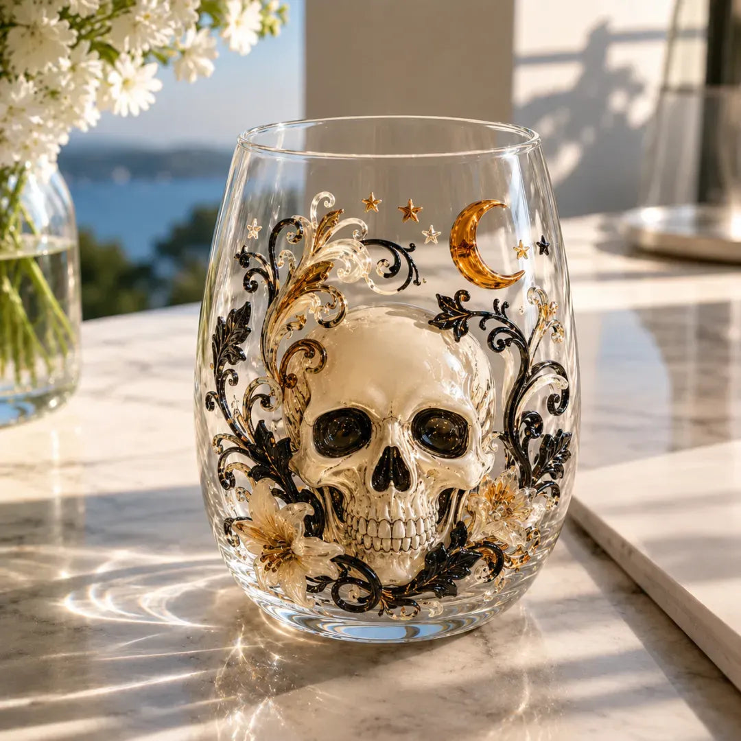 A clear stemless glass with a raised ivory skull framed by black and gold filigree, with a gold crescent moon