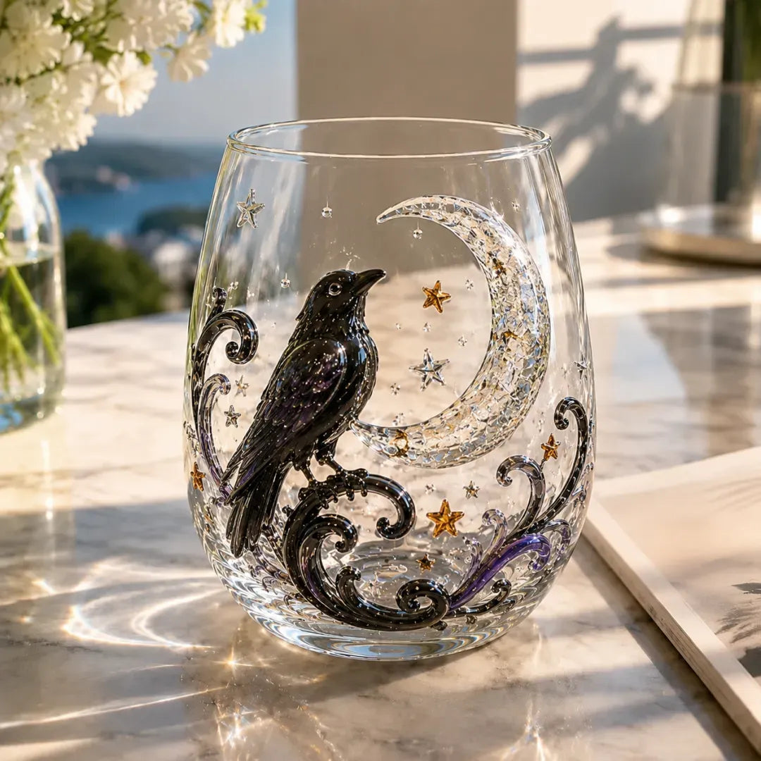 A clear stemless glass with a raised black raven and a clear crystal crescent moon